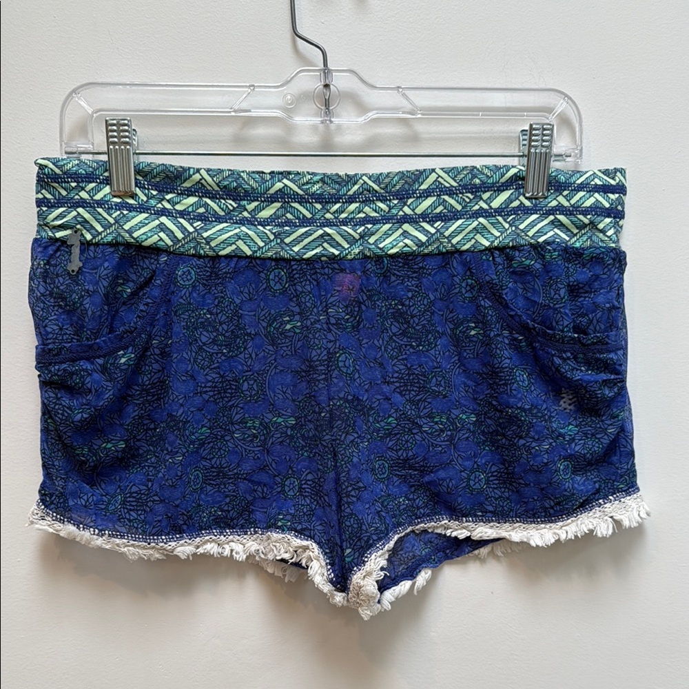 Maaji Navy and Teal Patterned Coverup Shorts with Fringe